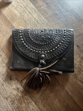 Patricia Nash Dark Brown Tooled Leather Tassel Wallet with Antique Studs